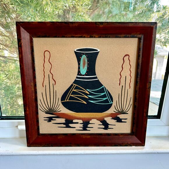 Vintage Navajo Framed Sand Art Painting of Beautiful Pottery - Picture 5 of 16